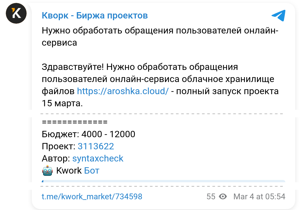 Заказ на Kwork от syntaxcheck: обработать обращения пользователей облачного хранилища aroshka.cloud, полный запуск проекта 15 марта